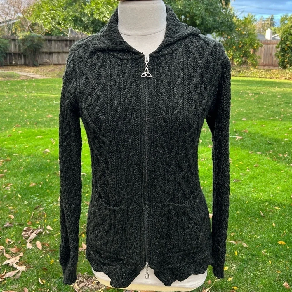 INIS CRAFTS Hunter Green Aran Irish Merino Wool Cardigan Zip Sweater Size Small